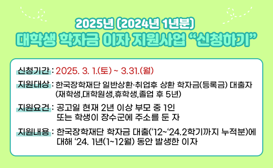 2025년 (2024년 1년분) 대학생 학자금 이자 지원사업 “신청하기”

- 신청기간 : 2025. 3. 1.(토) ~ 3.31.(월)
- 지원대상 : 한국장학재단 일반상환·취업후 상환 학자금(등록금) 대출자(재학생,대학원생,휴학생,졸업 후 5년)
- 지원요건 : 공고일 현재 2년 이상 부모 중 1인 또는 학생이 장수군에 주소를 둔 자
- 지원내용 : 한국장학재단 학자금 대출(‘12~‘24.2학기까지 누적분)에 대해 ‘24. 1년(1~12월) 동안 발생한 이자